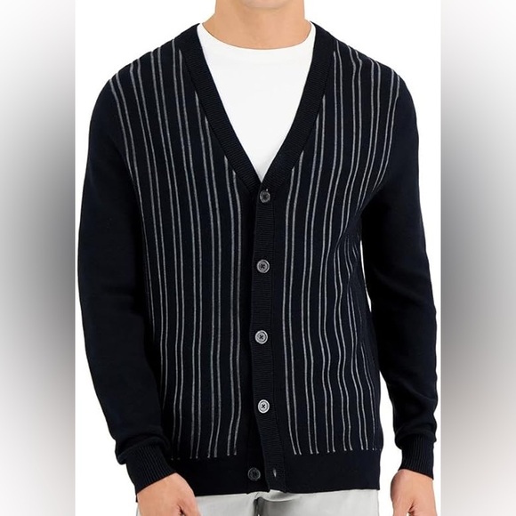Mens Alfani Stripped Cardigan V Neck Button Down M NWT -B4 Black - Picture 1 of 6